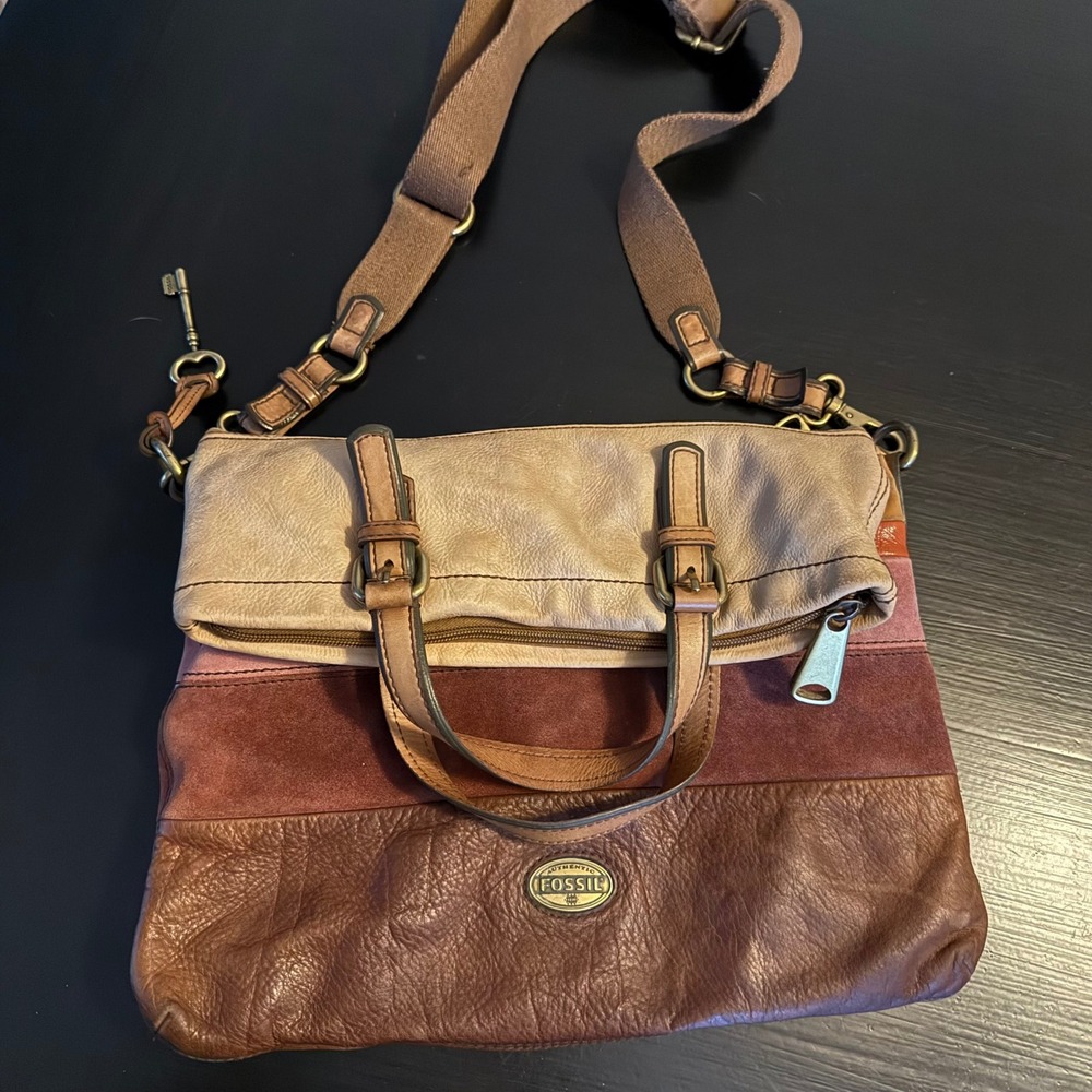 Fossil Multicolor Striped Leather Suede Foldover Crossbody Tote Bag Brown Mauve - Picture 2 of 12